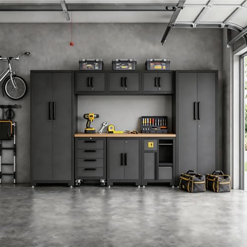 Torin Garage Cabinets Storage System, 9-Pcs Included Steel Cabinets Drawers Rolling Chest and Trash Can Cabinet, Locked Storage Cabinet, Perfect for Organizing Garage and Tools