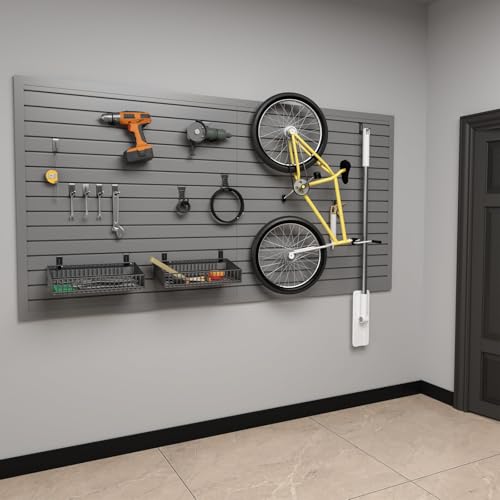 Duzzy Slatwall Panel, 4' H x 8' W PVC Slat Wall Paneling for Garage Wall Storage Organizer (Grey)