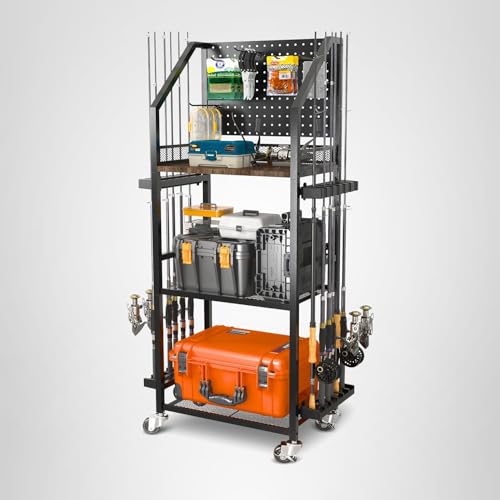 SOYEEZE Fishing Rod Holders for Garage, Fishing Pole Holders Up to 12 Rods with Pegboard and Hooks,Rolling Fishing Cart with Wheels, Fishing Gear Storage For Tackle Box & Reel Organization