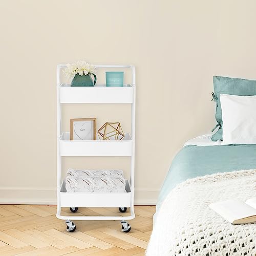 Seville Classics 3 Bin Metal Rolling Storage Utility Cart Organizer Trolley w/Lockable Wheels for Office, Art Supplies, School, Salon, Kitchen, Garage, Home, White w/Handle
