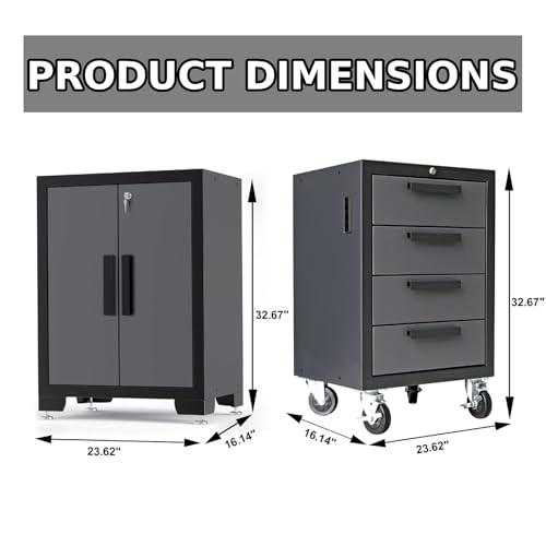 Torin 12 Piece Garage Storage Cabinet Set: Workshop Tool Organizer Chest with Lockers, Shelves and Wood Workbench, Black/Grey