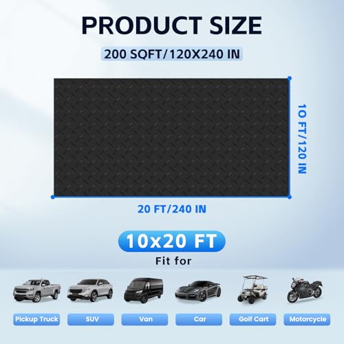 StellarStar 10x20 FT Garage Floor Mat, 2.8mm Thickened PVC Flooring Roll for Under Car, 200 SQFT Diamond Plate Black Garage Mats for Garage, Warehouse, Basement, Factory, Trailer (Include Tapes)