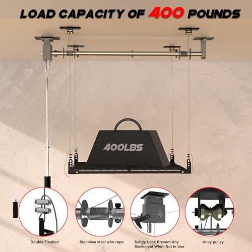 YOHKOH 4x4 Ft Overhead Garage Storage Rack with Lifting, 400lbs Garage Storage Lift for Ceiling, 59.1'' Axle Heavy-Duty Metal Garage Ceiling Rack, Black
