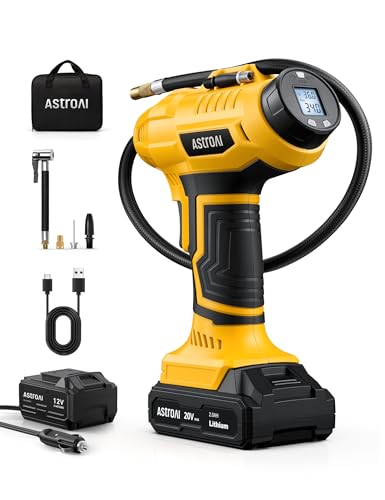 AstroAI Cordless Tire Inflator Portable Air Compressor Fast Inflation 160 PSI Air Pump 20V Rechargeable Battery Powered with 12V DC Adapter Digital Pressure Gauge for Cars Motorcycles Bikes Yellow