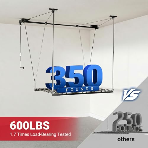 FLEXIMOUNTS Overhead Garage Storage Rack Lift, 4x4 Ft Heavy-Duty Garage Ceiling Storage Racks, Adjustable Organization System With 71'' L Axle, 350lbs Load Capacity, Flat Black