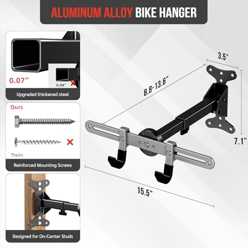 BEISHI Heavy-Duty Bike Wall Mount for Garage Aluminum Alloy & Steel Folding Bicycle Rack,360° Rotation,Adjustable Hook, 66lbs Capacity Horizontal Indoor Bike Storage, for Road Mountain Hybrid Bikes