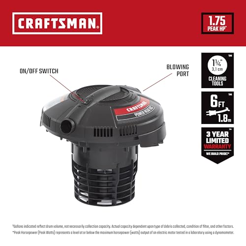 CRAFTSMAN CMXEVBE17678 1.75 Peak HP Wet Dry Vac Powerhead, Portable Shop Vacuum Compatible with a 5 Gallon Bucket (Sold Separately) with Filter Bag and Hose for Jobsite, Outdoor Cleaning