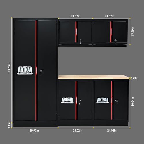 S.Walt Pre-Assembled Garage Storage Cabinet System, No Assembly Required, 6-Piece Workshop Cabinet Set in Black & Red with LED Lights, Wood Worktop, Key Locks, Adjustable Doors and Legs