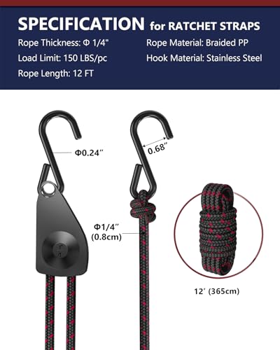 VIPARSPECTRA Ratchet Tie Down Straps, 1/4" Adjustable Rope Hangers [8 Pack, 12FT, 150 lbs/Pack], Heavy Duty Kayak Pulley System with Hooks for Garage Cargo Trucks Tents Grow Lights Various Lashing