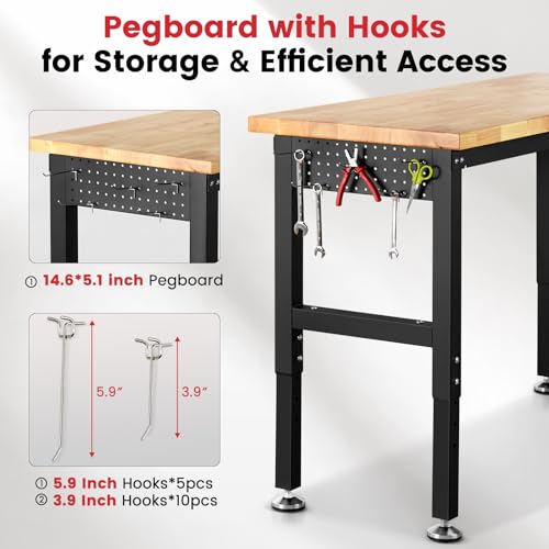 ENJOYWOOD 48" x 20" Adjustable Height Workbench Heavy Duty Rubberwood Work Table with Pegboard & Power Outlets for Garage, Workshop, Home & Office