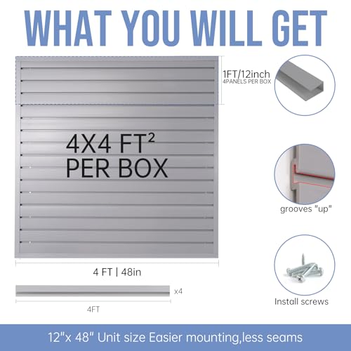 Slatwall Panels Garage Slat Wall Storage Systems 4'x4', Slat Wall Paneling Garage Wall Organizer, Grey Slat Board PVC Wall Panels Slatwall Displays Garage Tool Organizer Wall Mount Ladder Bike Rack