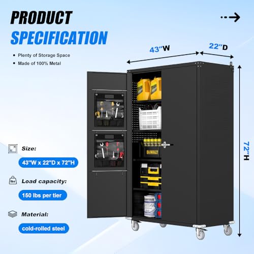 Yeeoy Wide & Deep Metal Garage Storage Cabinet with Pegboard & Adjustable Shelves, Lockable Storage Cabinet with Wheels, Tool Organization Cabinets for Office Garage Shop, 43''W x 22''D x 72''H