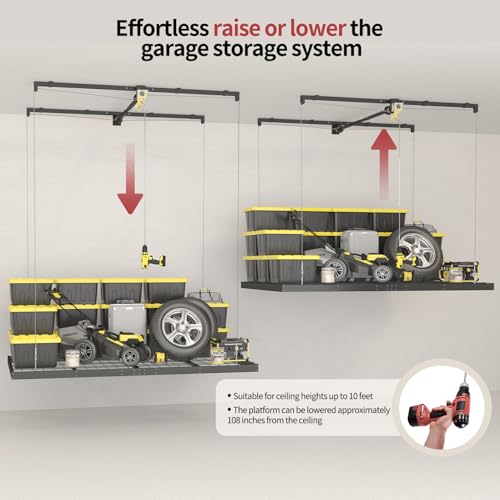 Garage Ceiling Storage Racks – 4x8 FT Overhead Garage Storage Rack with Safety Lock, Heavy-Duty Ceiling Mounted Lift System and Storage Organizer, Ideal for Maximizing Overhead Space, 325 lbs Capacity