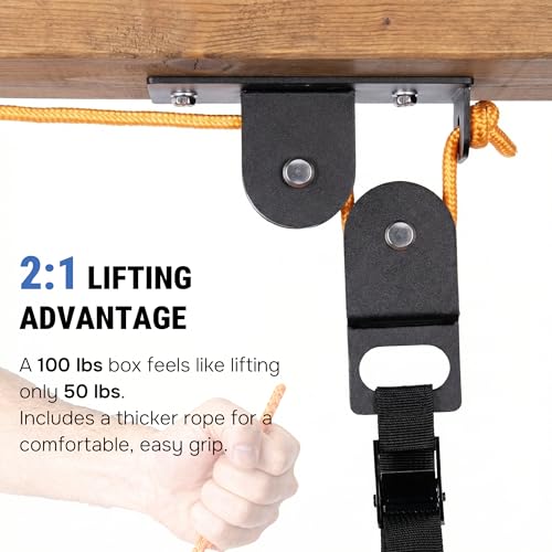 RoakyRoasy Cargo Box Hoist for Garage Ceiling with Metal Pulley System Holds 150 lbs, 5.5" Low-profile Rooftop Carrier Storage Lift, Parallel or Perpendicular Mounted