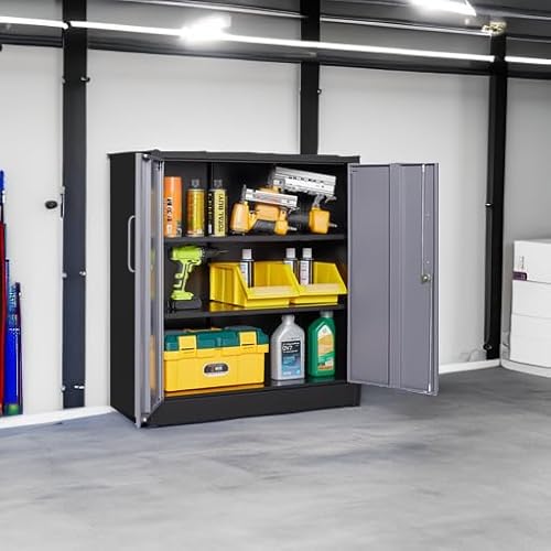 SISESOL Metal Storage Cabinet with Doors and Shelves,Garage Storage Cabinet with Lock,Black Grey Metal Cabinets with Locking Doors,Steel Cupboard for Home,Office,Garage Cabinets 36" H