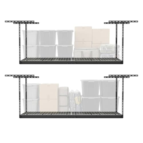 MonsterRax Overhead Garage Storage Racks 3x8’ (2-Pack) Ceiling Mounted Shelving, Adjustable Hanging Organizer, Heavy Duty Steel, Holds 500 Pounds, Color: Hammertone, Adjusts from 24"-45” off Ceiling