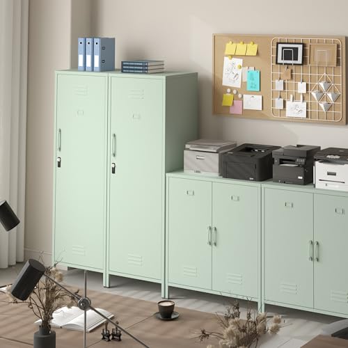 Epochsteele Metal Locker Storage Cabinets Lockable Single File Storage Cabinet with Door and Removable Shelves Kids Locker for School Gym Pantry Kitchen (Green)