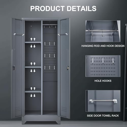 FLEXIMOUNTS 65'' Tall Metal Storage Cabinet with Locking Door, Large Cleaning Tool Organizer for Brooms, Garage, Laundry Room, Bathroom, Dark Grey