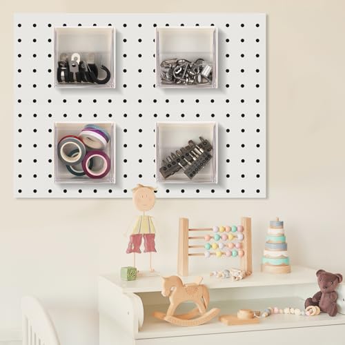 Soaoo 4 Pcs Small Pegboard Bins Magnetic Pegboard Containers clear Square Plastic Bins with Lids for Garage Workbench Workshop Room Organizing Craft Tool Hardware Small Parts Storage Accessories