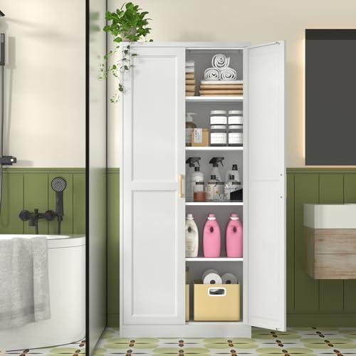 Polup White Kitchen Pantry Cabinet, 71 Inch Tall Metal Storage Cabinet with Doors and Shelves, Pantry Cabinets for Kitchen Storage, Freestanding Cupboard for Living, Dining Room, Assemble Required