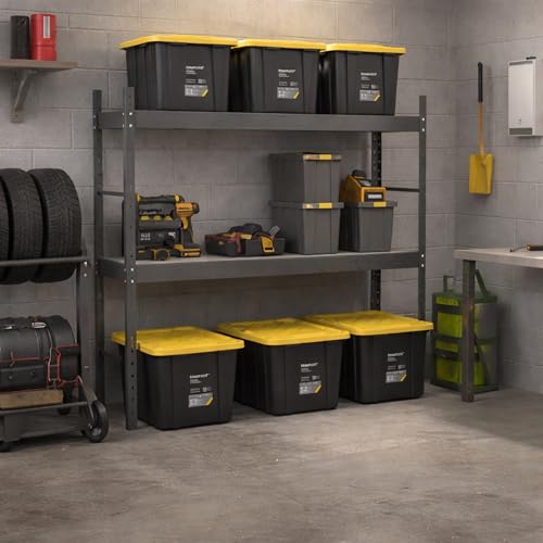 Ramtuff 6 Pack Heavy Duty Stackable Storage Container with Snap-Tight Lid, Resistant To Weather Organization Tote, 27 Gallon, Black and Yellow