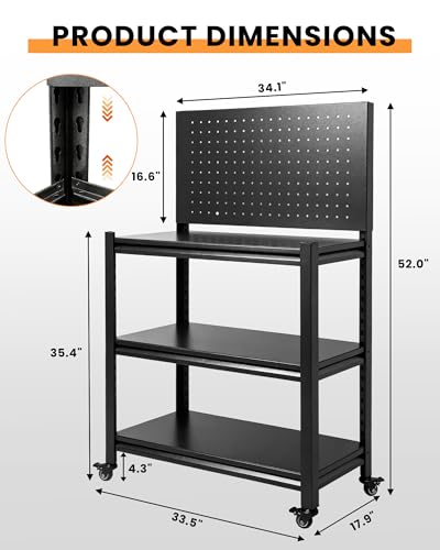 Pterying 52" Rolling Work Table, Adjustable Height Workbench with Lockable Wheels, Pegboard, Heavy Duty Mobile Work Bench for Garage, Tool Workshop, Woodworking and Mechanics
