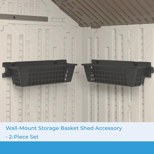 Suncast 2 Pack 25” x 7.25” Basket Accessory for Outdoor Shed Bundled with Vertical Shed 2 Shelf Kit, Space Saving Wall Mount Storage, Black