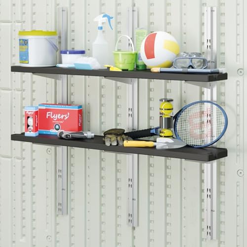 Suncast 2 Pack 25” x 7.25” Basket Accessory for Outdoor Shed Bundled with Vertical Shed 2 Shelf Kit, Space Saving Wall Mount Storage, Black
