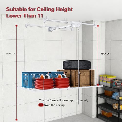 Leavader Manual Garage Storage Lift 3x6 FT for 10-12 ft Ceilings, Crank Down Overhead Storage Rack with Safety Lock, Heavy Duty Steel Garage Ceiling Storage System, 270LBS Capacity
