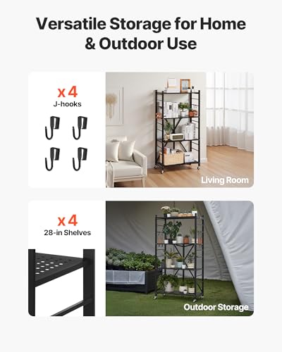 VEVOR 4-Tier Foldable Storage Shelf, 28W x 13D x 54H Inch Folding Metal Rack Shelving Unit, No Assembly Organizer Shelf with 5 Wheels & 4 Hooks for Pantry, Kitchen, Garage, Basement, Black