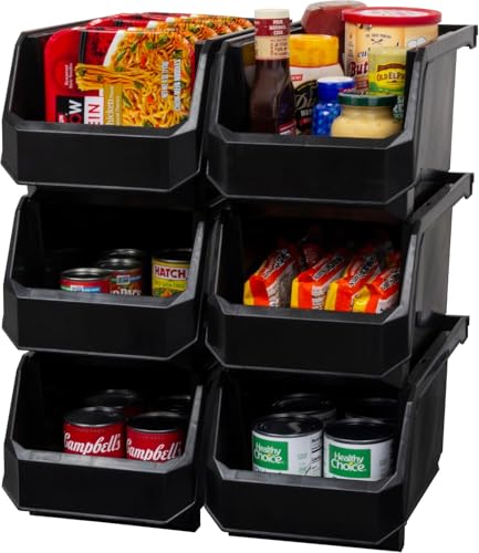 ReadySpace Large Plastic Storage Bins, Stackable Organizer Containers for Closet Pantry Shelf Garage and Office Organization, Black, 6 Pack
