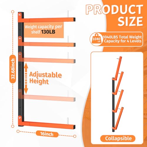 Mogbhw 4 Pack Lumber Storage Rack, Wall Mount Foldable & Adjustable Lumber Rack with 8-Level Holds Up 1040 Lbs, Heavy Duty Metal Garage Wood Rack for Workshop, Basement, Indoor and Outdoor