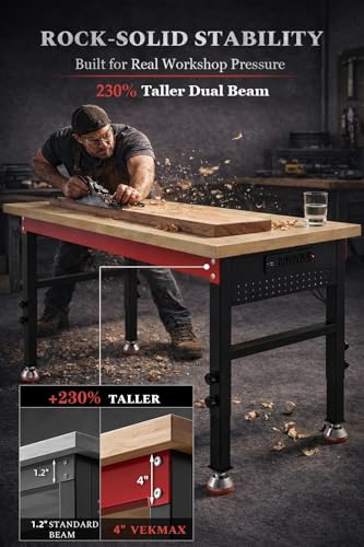 VekMax 48" Heavy Duty Workbench, 2500 LBS Load Capacity Work Bench with 1.2" Laminated Oak Wood Top & Reinforced Steel Frame, Adjustable Height Work Table for Garage, Workshop, Office, Home (Feet)