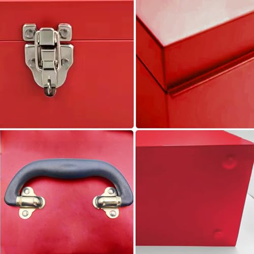 16" Portable Metal Toolbox Large Tool Box 18-Gauge Fishing Tackle Box Stee Tool Box Drawer Organizer With Metal Latch and Handle Red