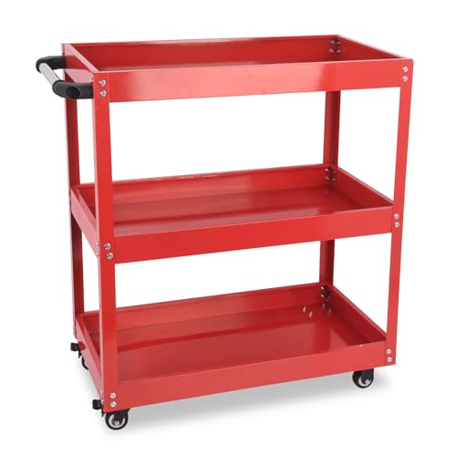DEGEDUN 3-Tier Utility Cart, 330 Lbs Load Capacity, Heavy Duty Rolling Tool Cart with Wheels, Red Steel Service Cart for Workshop and Garage Storage