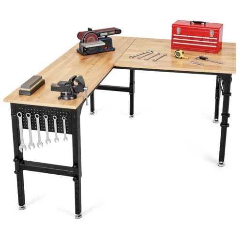 70"x47" L-Shaped Heavy Duty Work Bench, 3300 LBS Load Capacity Heights Adjustable Workbench, Work Benches for Garage with Power Outlet & Pegboard, Rubber Wood Work Table for Office, Workshop, Home
