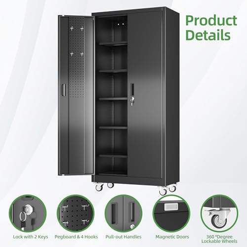 GangMei Garage Storage Cabinet with Wheels and Pegboard, 71" H x 32" W x 16" D Lockable Metal Storage Cabinet with 5 Adjustable Shelves and 2 Doors for Garage Home, Assembly Required, Black