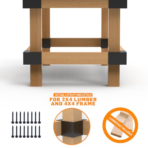 Heavy Duty Workbench Bracket Kit – Set of 8 Steel 3-Way Brackets for 4x4 and 2x4 Lumber, Ideal for DIY Garage Work Bench Legs, Woodworking Tables, Workshop Shelves, Planer Stands, and Kitchen Islands