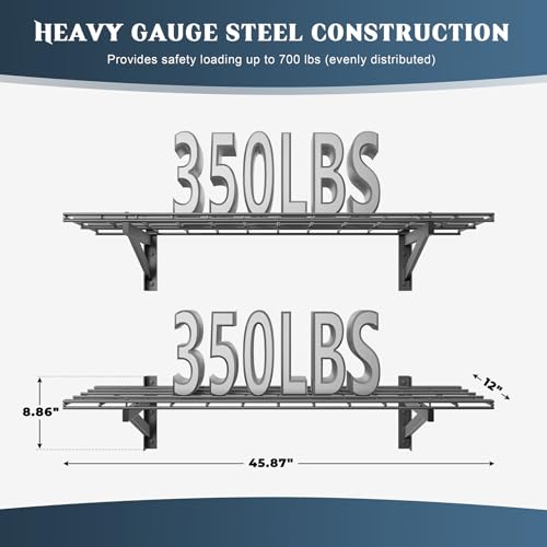 Jusgym 2 Pack Heavy Duty Garage Wall Shelving Set (1x4ft), Wall Mounted Garage Shelves 700lbs Capacity, 12"x48" Shelf Storage Rack Floating Shelves, Black