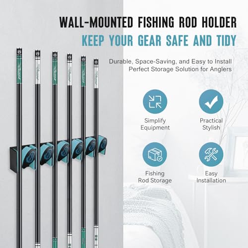 Tcakelox Vertical Fishing Rod Holder, Wall Mounted Fishing Rod Holder, Fishing Pole Rack Holds Up to 6 Rods or Combos, Fishing Rod Holders for Garage, Fits Most Rods of Diameter 3-19mm (1, Blue)