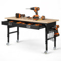 VEVOR 60-inch Adjustable Workbench, 1500 lbs Load Capacity, Garage Workbench with Drawer, Power Outlet, Wheels, and Pegboard, Heavy Duty Oak Wood Top Work Table for Garage, Workshop, Office, and Home