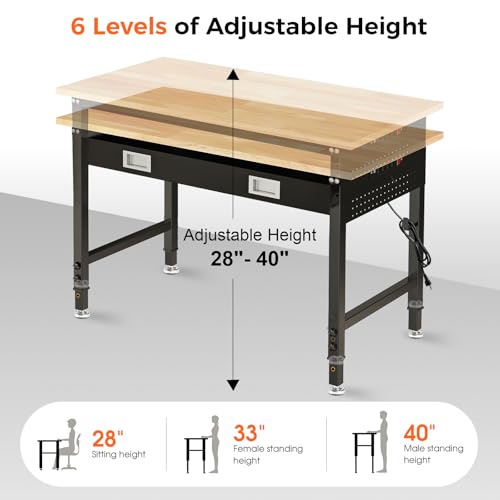 48" Adjustable Work Bench with Drawers, Workbench for Garage with Strip Light, Work Table with Large Pegboard, 2000 LBS Heavy Duty Table with Power Outlet Rubber Wood for Office, Workshop