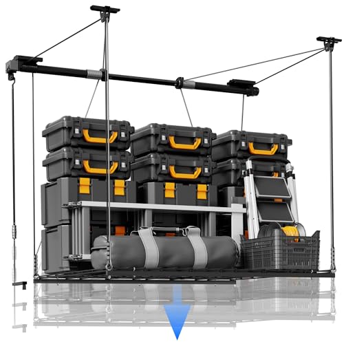 FLEXIMOUNTS Overhead Garage Storage Rack, 4x4 Ft Heavy-Duty Garage Ceiling Storage Racks, Adjustable Organization System with 71'' L Axle, 350lbs Weight Capacity, Carbon Black