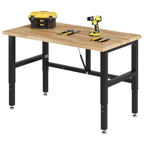 SPECRAFT Folding Workbench, Adjustable Foldable Workbench, 34.7"-40" Height Adjustable, Rubber Wood Top for Garage, Workshop, Office