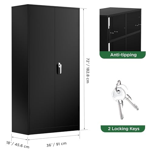 Greenvelly 72" H Metal Storage Cabinet, 36" W x 18" D Black Locking Metal Garage Storage Cabinet with Doors and 4 Adjustable Shelves, Lockable Steel Cabinets for Home Office, Garage, Shop, School