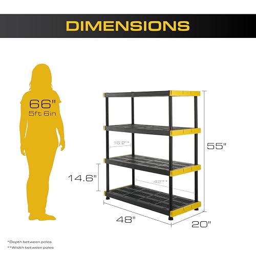 CX Black & Yellow, 4-Tier Heavy Duty Plastic Storage Shelves that Support up to 200lbs/shelf, Organization and Storage, Weather-Resistant Design, Easy Assembly (55"H x 48"W x 20"D)