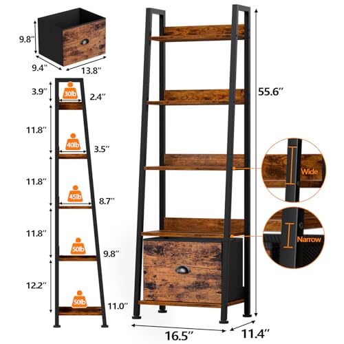 Furologee 5-Tier Ladder Shelf, Ladder Bookshelf with Removable Drawer, Rustic Bookcase Storage Rack Organizer, Wood Metal Freestanding Storage Shelf for Living Room, Home Office, Bedroom, Balcony
