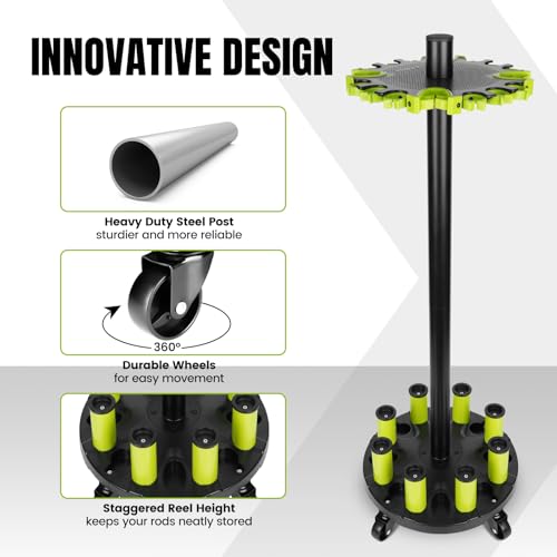 Hikeen Fishing Rod Holder for Garage, Fishing Pole Holders Rod Rack, Holds up to 20 Rods with Rolling Wheels, Fishing Gear Equipment Storage Organizer