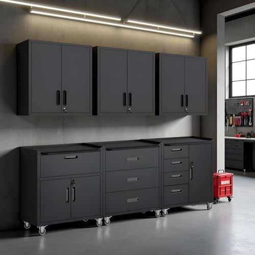 EKJ Garage Storage Cabinet System 6pcs Heavy Duty Workshop Set Wall Cabinet Lockable Rolling Tool Cabinets with Adjustable Shelves Metal Garage Storage Cabinets