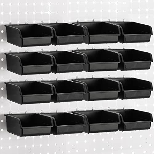 Foraineam 16 Pack Pegboard Bins with Metal Hooks, Black Garage Workbench Bins Cups Peg Board Accessories Kit, Pegboard Tools Organizer for Hardware, Workshop, Craft Room, Tool Shed, Hobby Supplies